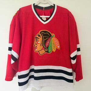 VTG 90s Maska Chicago Blackhawks Jersey Red NHL Canada Stitched Logo Sz M -Flaws